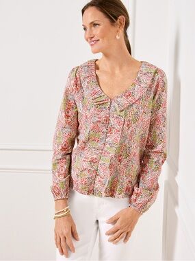Talbots | Pintuck Ruffle V-Neck Blouse - Pink Branching Floral | Women’s LP